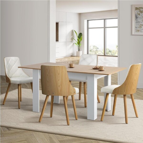 Oikiture 160cm Extendable Dining Table with 4PCS Dining Chairs PU Leather White