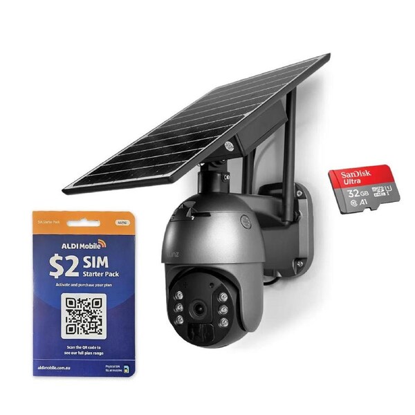 Elinz 4G LTE Cellular Security Camera 3MP 2K Resolution PTZ Outdoor IP65 Solar Battery Powered CCTV 32GB ALDI Sim