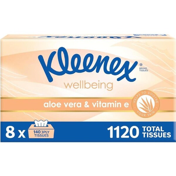 Kleenex Aloe Vera & Vitamin E 3 Ply Facial Tissues 1120 Count (8 x 140 Pack) - Packaging May Vary
