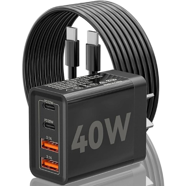 USB C Fast Charger, 40W Dual USB-C Wall Charger, 4-Port 20W USB C Power Adapter with QC3.0 AUS Plug, Dual PD USBC Charger with C to C Fast Charging Cable Compatible with iPhone, iPad, Samsung