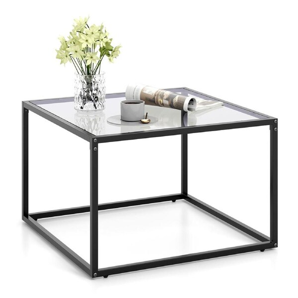 Giantex 70cm Glass Coffee Table Modern Square Coffee Table w/Metal Frame Center Cocktail Table Home Office Grey