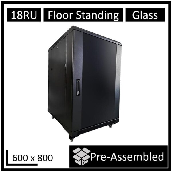 LDR Assembled 18U Server Rack Cabinet (600mm x 800mm) Glass Door, 1x 8-Port PDU, 1x 4-Way Fan, 2x Fixed Shelves - Black Metal Construction