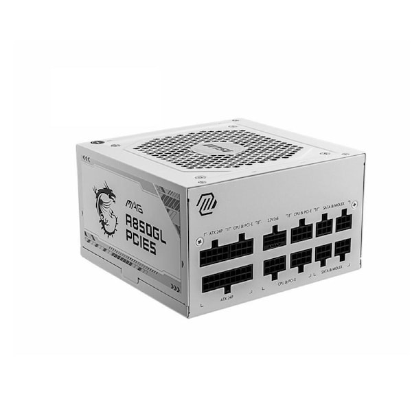 MSI MAG A850GL PCIE5 WHITE 850W Up to 90% (80 Plus Gold) ATX Power Supply Unit, PFC, 100~240 VAC, 850W, 47-63Hz, PCI-E, SATA, FDD