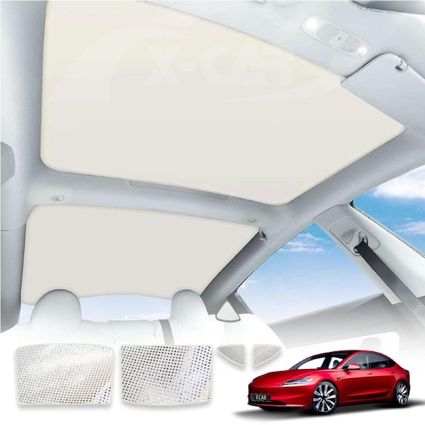Tesla Model 3 Highland Glass Roof Sunroof Mesh 2023-Onwards Sun Blind Shade Sunshade with UV Heat Insulation Film (Cream White)