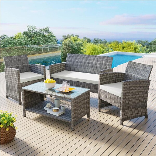 ALFORDSON 4PCS Outdoor Sofa Set Wicker Lounge Setting Light Grey