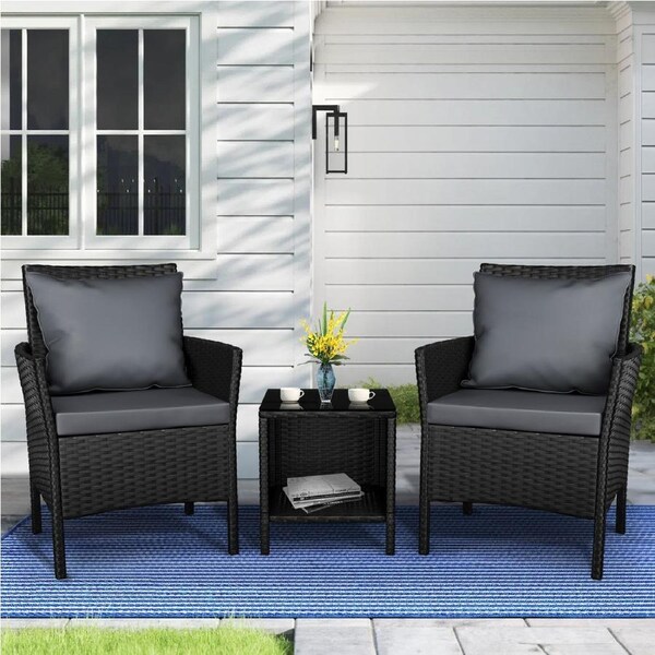 ALFORDSON 3PCS Bistro Set Outdoor Furniture Lounge Setting Sofa Wicker with Pillows Black