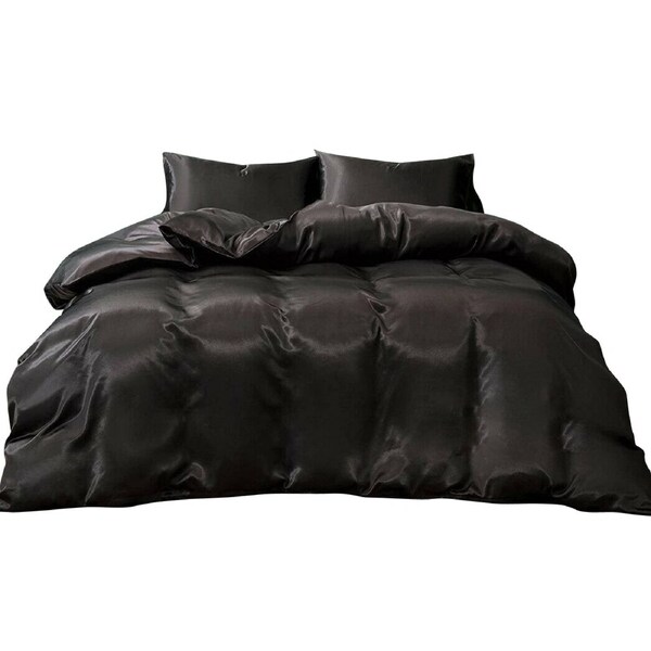 Black Silk Satin Pillowcase Quilt/Duvet Cover Set Single Double Queen King Bed Super King