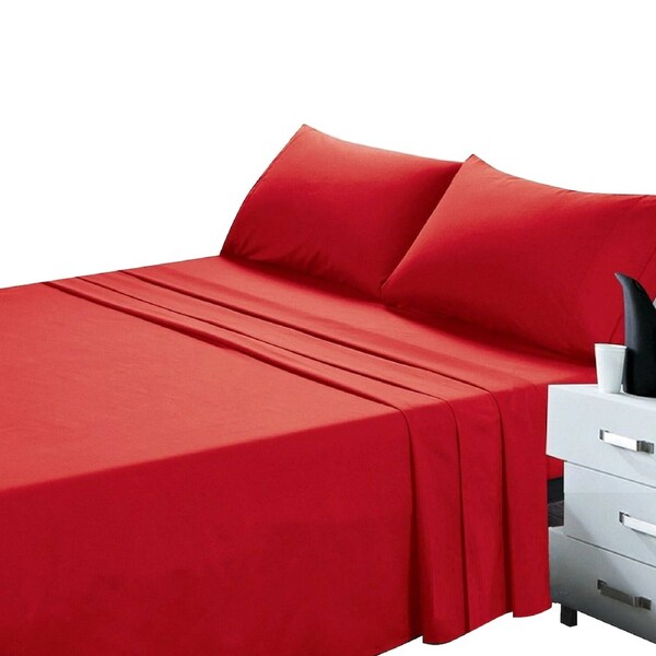 Soft 4pcs Pillowcase Flat Fitted Sheet Set - Red King Single