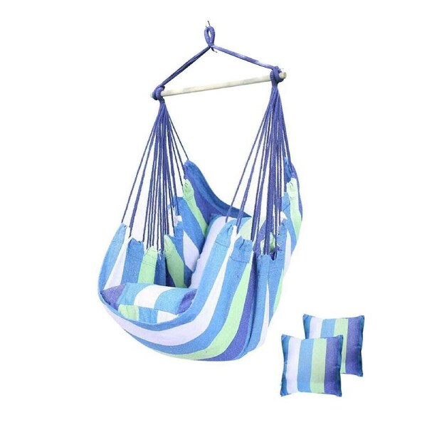 Garden Deluxe Hanging Hammock Chair Swing Outdoor/Indoor Camping W/ 2 Pillow Blue&White(With  stick)