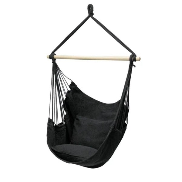 Garden Deluxe Hanging Hammock Chair Swing Outdoor/Indoor Camping W/ 2 Pillow Black(With  stick)