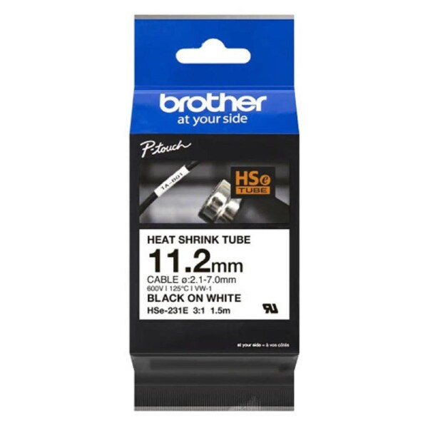 Brother HSE-231E 11.2MM BLACK ON WHITE HEAT SHRINK TUBE CATRIDGE 3:1 (compatible with PT-E300VP/E550WVP/D800W/P750W/P900W/P950NW)