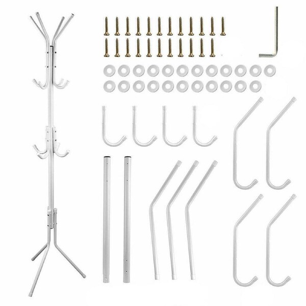 12 Hook Coat Hanger Stand 3-Tier Hat Clothes Rack Metal Tree Style Storage White White