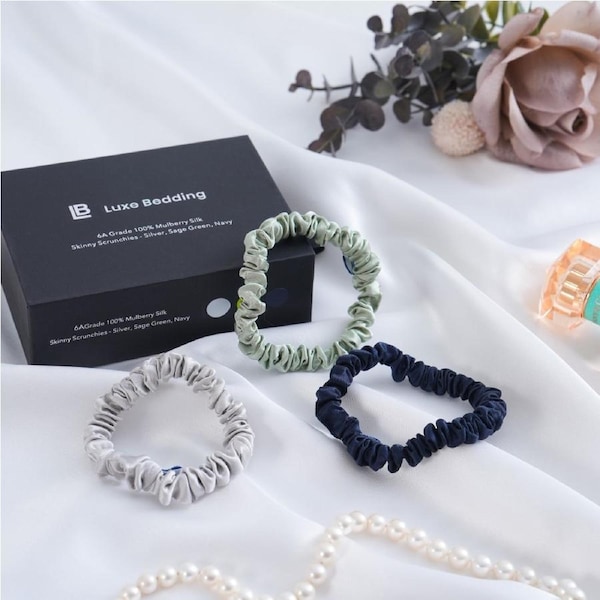Luxe Bedding 6A Grade 100% Mulberry Silk Skinny Scrunchie Set Navy, Sage Green, Silver