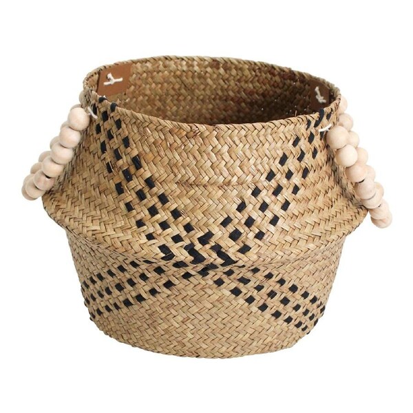 Straw/Wood 28cm Woven Belly Basket w/ Beads Handle Storage Decor Black/Natural