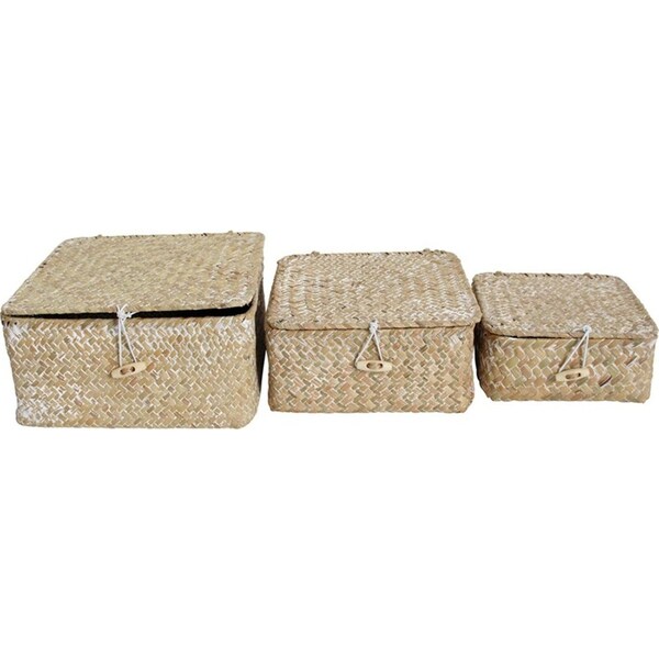 3pc Woven Straw 15/18/21cm Storage Box Set w/ Lid Home Basket Decor Natural/Wash