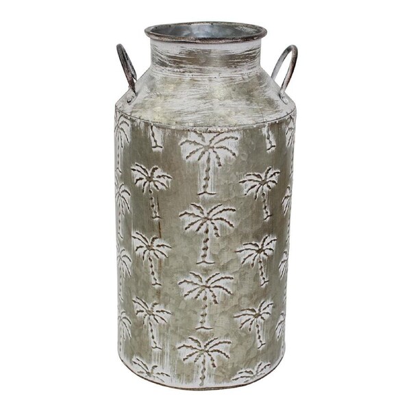 Decorative Metal 38cm Palm Tree Urn Plant Planter w/ Handle Home Decor Whitewash