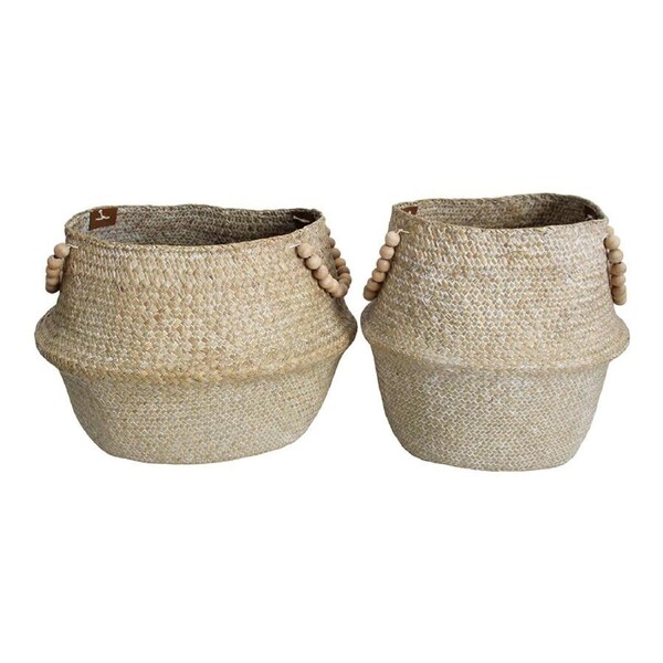 2pc Straw/Wood 35/43cm Belly Basket Set w/ Beads Handle Home Decor Natural/Wash