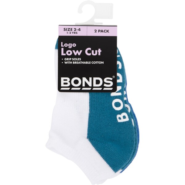 Bonds Kids Logo Low Cut Socks Size 2-4 Assorted 2 Pack