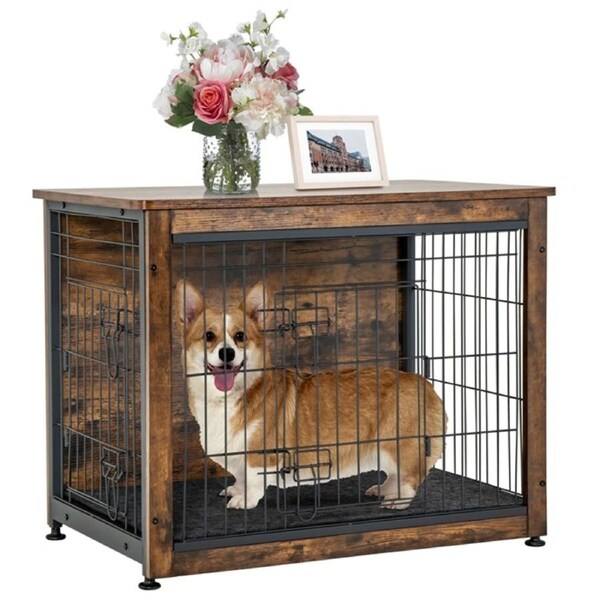 Costway Wooden Dog Cage Furniture Pet Kennel 2 Doors Puppy House w/Tray Side End Table Brown