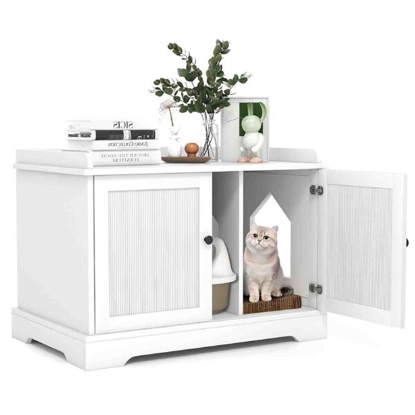 Costway Wooden Cat Litter Box Enclosure Hidden Cabinet Cat House Sideboard w/2 Doors White
