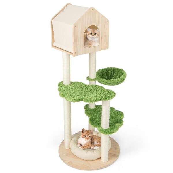 Costway 139cm Cat Scratching Post Tower Cat Climbing Tree w/Hammock Platform & Condo House Green