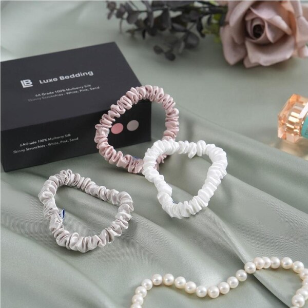Luxe Bedding 6A Grade 100% Mulberry Silk Skinny Scrunchie Set Pink, Sand, White