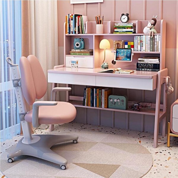 Stanselly Pink Solid Wood Kids Study Desk with Shelf/Rubberwood/1.2M
