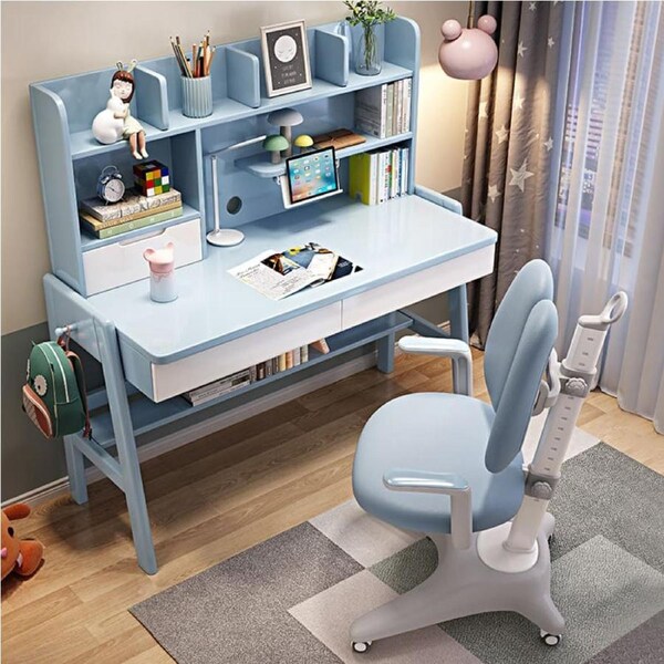 Stanselly Blue Solid Wood Kids Study Desk with Shelf/Rubberwood/1.2M