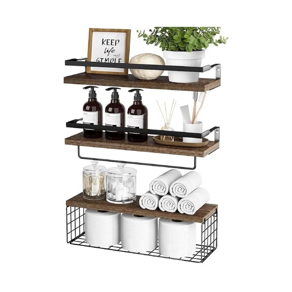 DelSol 3pcs Set Floating Shelf Brackets Wall Shelves Mount Display Rack with Storage Basket, Over Toilet Paper Holder Storage Shelves for Bathroom, Bedroom, Living Room