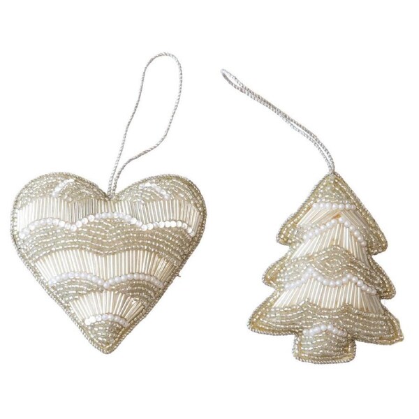 Pretty Beaded Heart & Tree Hanging Decoration White 10cm 2 Assorted