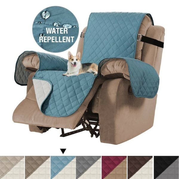 Waterproof Recliner Chair Covers for Dogs/Cats/Pets with Non Slip Elastic Strap Stone Blue/Beige