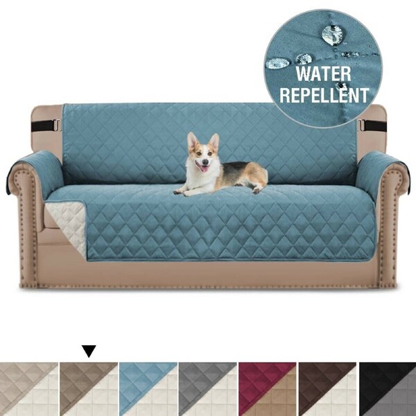Sofa Protector for Dogs/Cats/Pets Sofa Slipcover with Non Slip Elastic Strap 1-Seater / Stone Blue/Beige