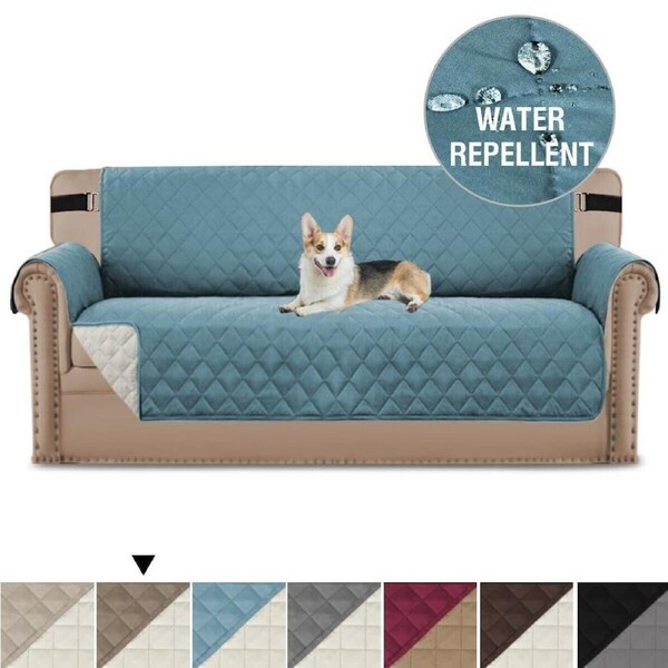 Sofa Protector for Dogs/Cats/Pets Sofa Slipcover with Non Slip Elastic Strap 2-Seater / Stone Blue/Beige