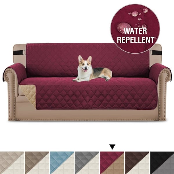 Sofa Protector for Dogs/Cats/Pets Sofa Slipcover with Non Slip Elastic Strap Burgundy/Tan / XL 3-Seater