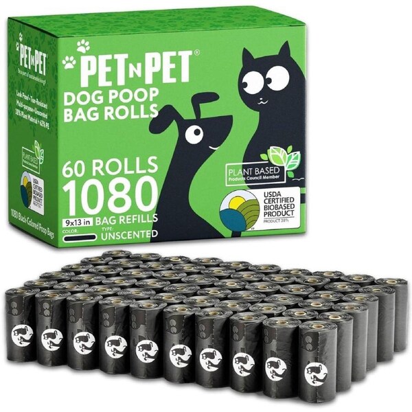 PET N PET Dog Poop Bags, USDA Certified 38% Biobased Poop Bags Black Unscented 1080 Counts 60 Rolls Pet Waste Bags, Strong Thick Dog Poo Bags, Dog Bags for Poop, Dog Poop Bag Rolls - 9x13 Inches