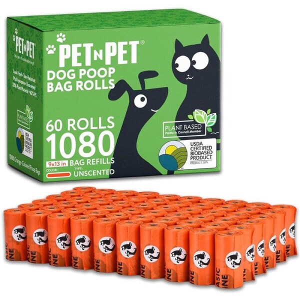 PET N PET Dog Poop Bags, USDA Certified 38% Biobased Poop Bags Orange Unscented 1080 Counts 60 Rolls Pet Waste Bags, Strong Thick Dog Poo Bags, Dog Bags for Poop, Dog Poop Bag Rolls - 9x13 Inches