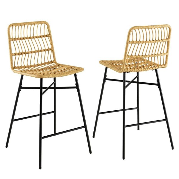 Set of 2 Rattan Bar Stools Counter Height Dining Chairs w/ Metal Legs Natural