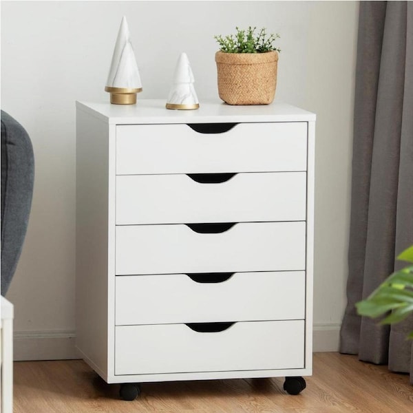 Filing Cabinet 5 Chest of Drawers Rolling Storage Cabinet Printer Stand White