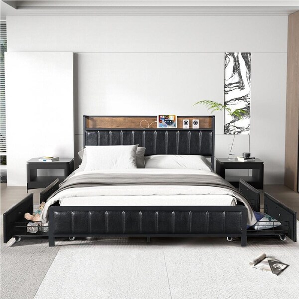 1 x Levede Queen Bed Frame PU Leather 4 Drawers USB Charge Black