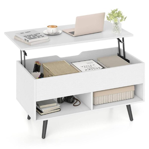 Giantex Modern Lift Top Coffee Table Wood Lift Top Dining Table w/ Hidden Storage & Storage Shelves for Living Room Study Office, White
