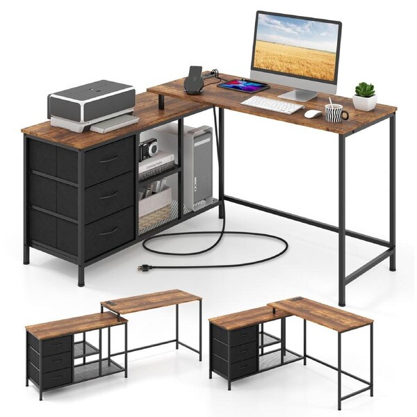 Giantex 205cm L-shaped Computer Desk Corner Desk w/3 Fabric Drawers Storage Shelves Home Office Study Desk Brown