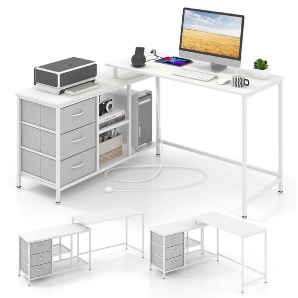 Giantex 205cm L-shaped Computer Desk Corner Desk w/3 Fabric Drawers Storage Shelves Home Office Study Desk White