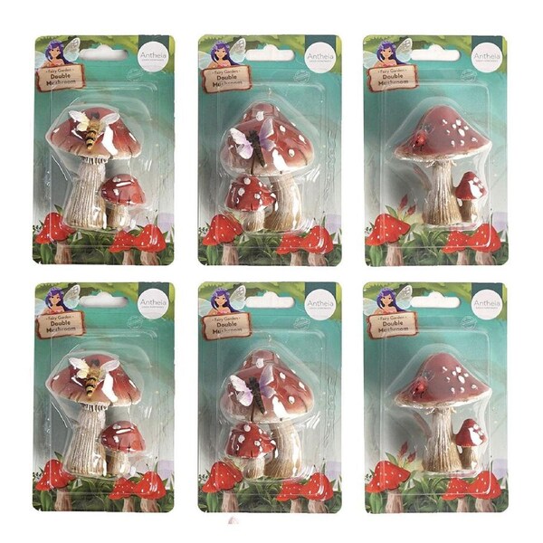 6x Atheia Green Homewares Plant/Pot Decor Fairy Garden Dbl Mushroom Assorted