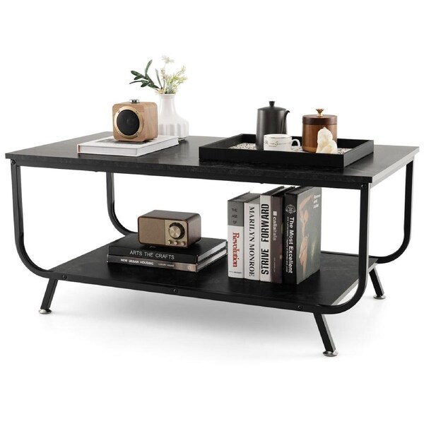 Coffee Table Faux Mable Tabletop 2-Tier Storage Shelf Modern Black