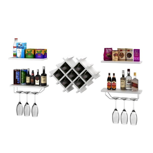 Set of 5 Wall Mount Wine Rack Set with Storage Shelves & Glass Holder