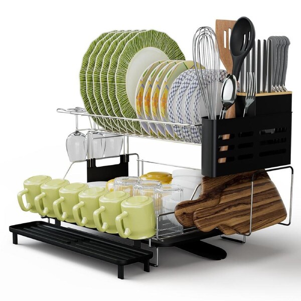 Dish Drying Rack Detachable 2 Tier Dish Rack w/ Drainboard for Kitchen Counter