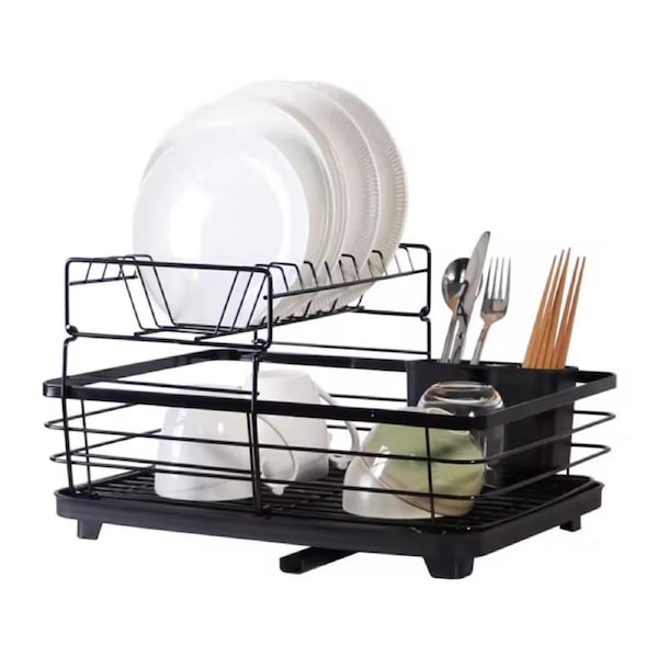 2-Tier Dish Drainer Kitchen Dish Drying Rack with Drain Board Anti-Rust