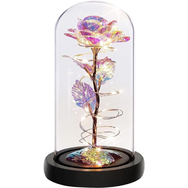 Glass Preserved Eternal Rose, Birthday For Her Women Gifts Gold Foil Artificial Rose With Diy Led Light, Beauty And The Beast Dome, Mother'S Day Valentine'S Mom Gift From Daughter, (Colorful)