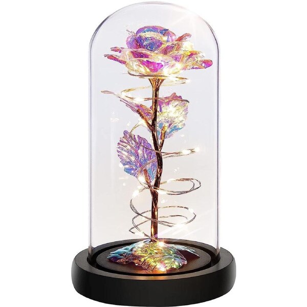 Glass Preserved Eternal Rose Lamp, Birthday For Her Women Gifts Gold Foil Artificial Rose With Diy Led Light, Beauty And The Beast Dome, Christmas Valentine'S Mother'S Day Mom Gift, (Colorful)