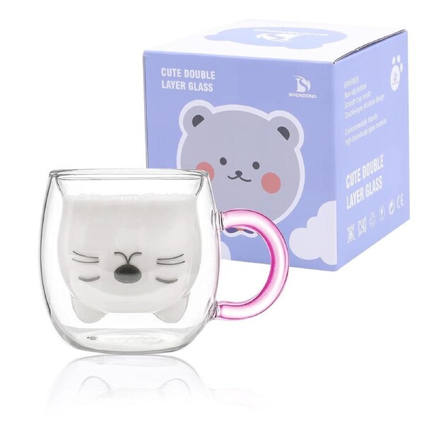 Cute Cat Mugs With Handle Cute Cups Cat Tea Coffee Cup Double Wall Insulated Glass Espresso Cups Glass 250Ml/8.4Oz Milk Cup Personal Birthday Valentine'S Day And Office Gifts (Cute Mugs Purple Cat)